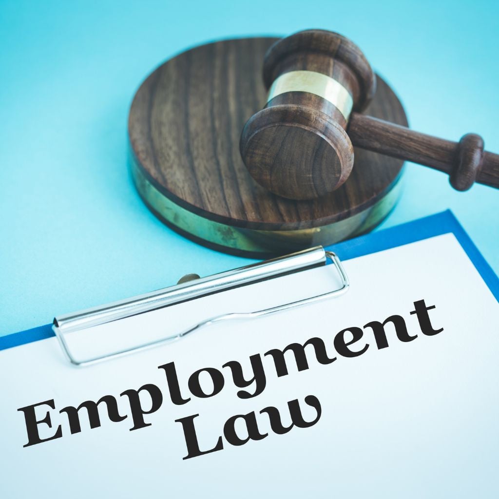 A gavel and sound block rest behind a clipboard with a paper labeled "Employment Law" on a blue background.