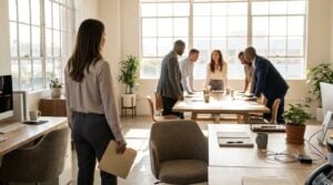 professional holding folder observing colleagues gathered around conference table in office