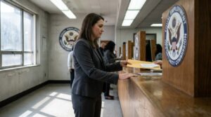woman in suit submitting envelope at Equal Employment Opportunity Commission counter