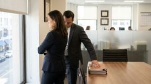two attorneys in suits standing near conference table with stacked legal files