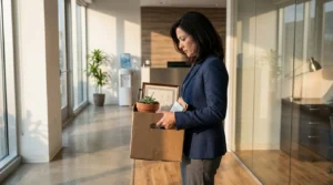 professional woman carrying cardboard box with framed certificate and belongings through office hallway