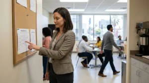 professional woman pointing at weekly shift schedule posted on office corkboard