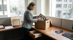 woman packing framed photo and mug into cardboard box at office desk
