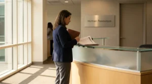 professional woman reviewing documents at Human Resources department reception desk