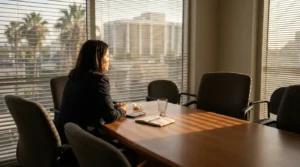 woman in blazer seated alone at conference table with open notebook and phone