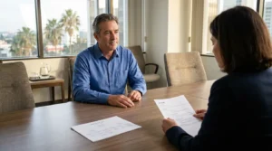 man seated across conference table from professional holding resume document