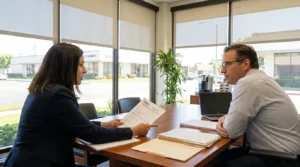attorney presenting EEOC document to client during office consultation meeting