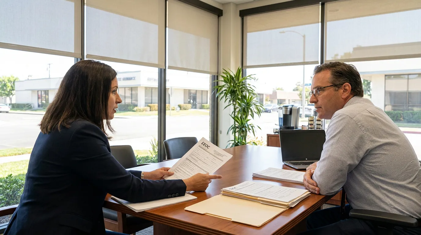 attorney presenting EEOC document to client during office consultation meeting