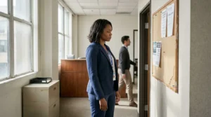 professional woman wearing ID badge standing near office bulletin board with posted notices