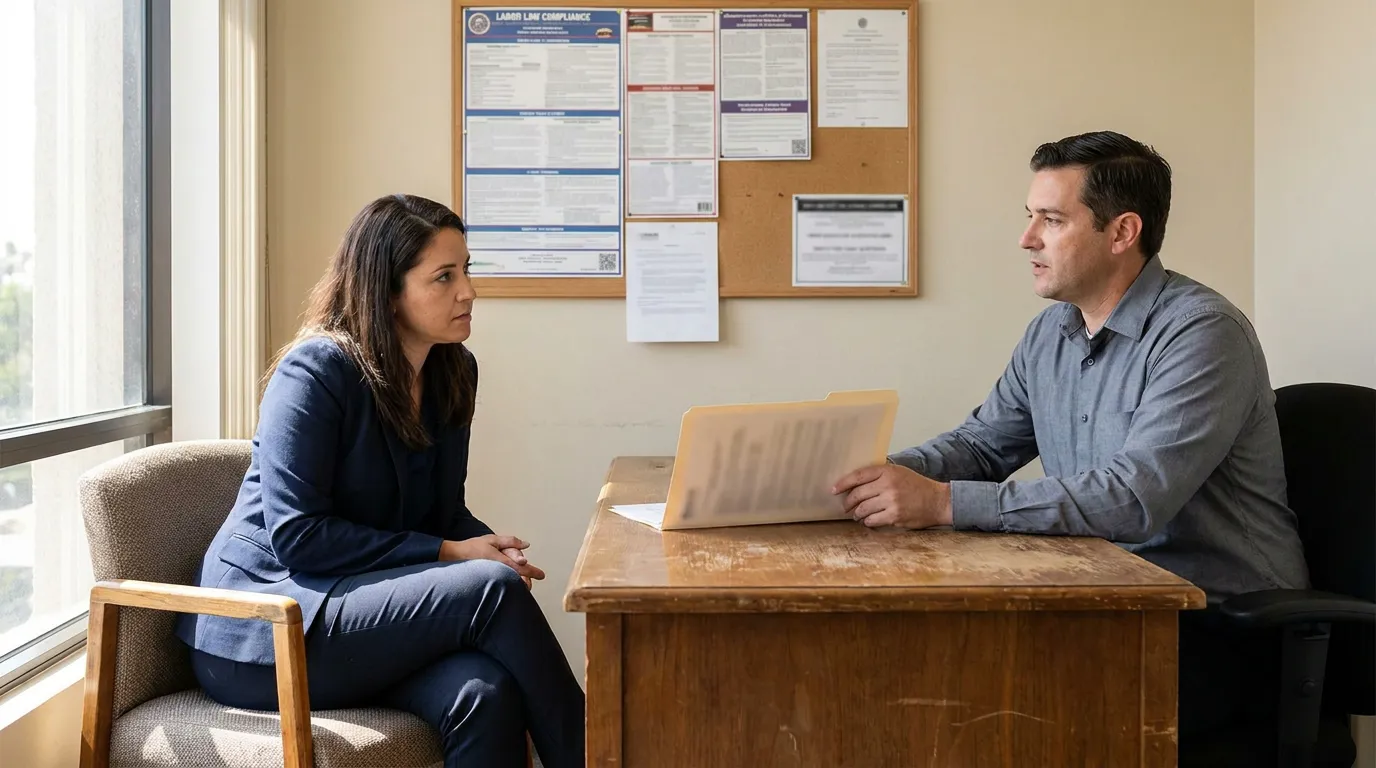 employee meeting with HR representative at desk beneath Labor Law Compliance poster