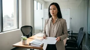 professional woman in blazer holding legal notice document in conference room