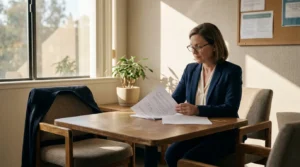 professional woman in blazer reviewing legal documents at office table