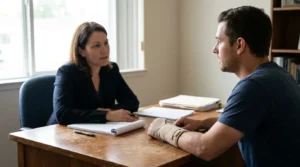 attorney consulting with injured client wearing wrist brace across office desk