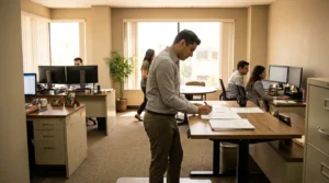 legal professional signing documents at standing desk in busy law office