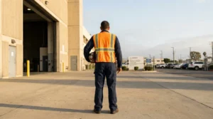 worker in safety vest holding hard hat outside industrial facility entrance