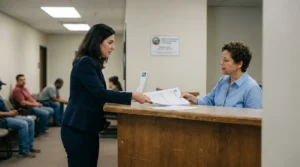 attorney in suit submitting legal documents at government office clerk counter