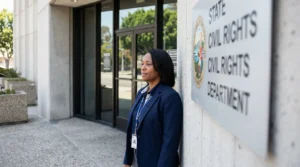 professional woman wearing ID badge standing outside State Civil Rights Department building