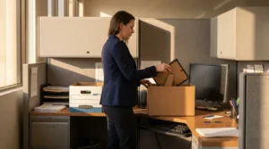 woman in blazer packing belongings into cardboard box at office cubicle desk