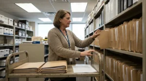 staff member retrieving manila folders from shelved legal records storage room