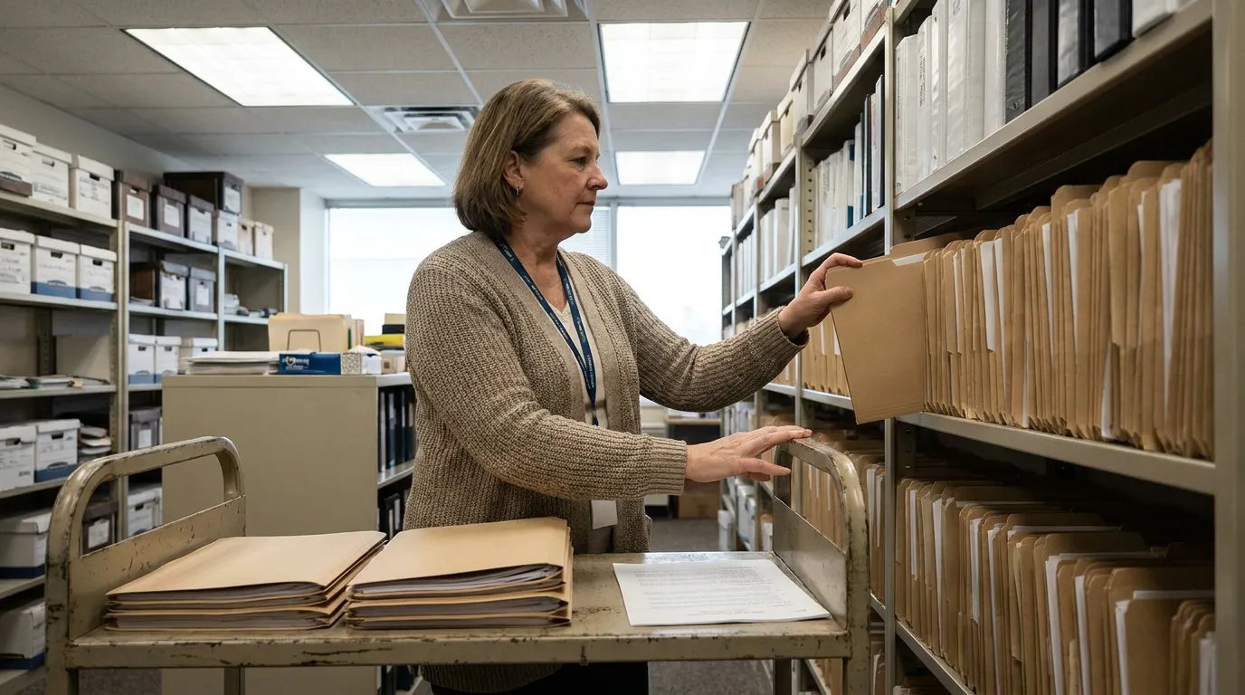 staff member retrieving manila folders from shelved legal records storage room