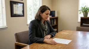 female attorney reviewing legal document at office desk with framed California certificate on wall