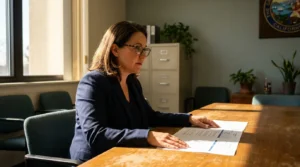 female attorney reviewing legal documents at conference table with California seal visible