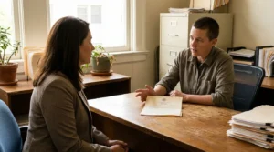 two professionals discussing official document across wooden desk in office setting