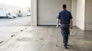 injured worker using crutch carrying lunch box at industrial loading dock