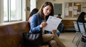 woman seated in waiting room reading California Civil Rights Department letter