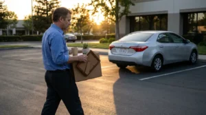 man carrying cardboard box with personal belongings across office parking lot