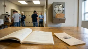 open Employee Handbook on table beside wall-mounted time clock with punch cards