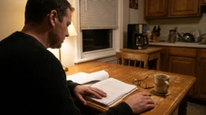 man reading printed documents at kitchen table with eyeglasses and mug nearby