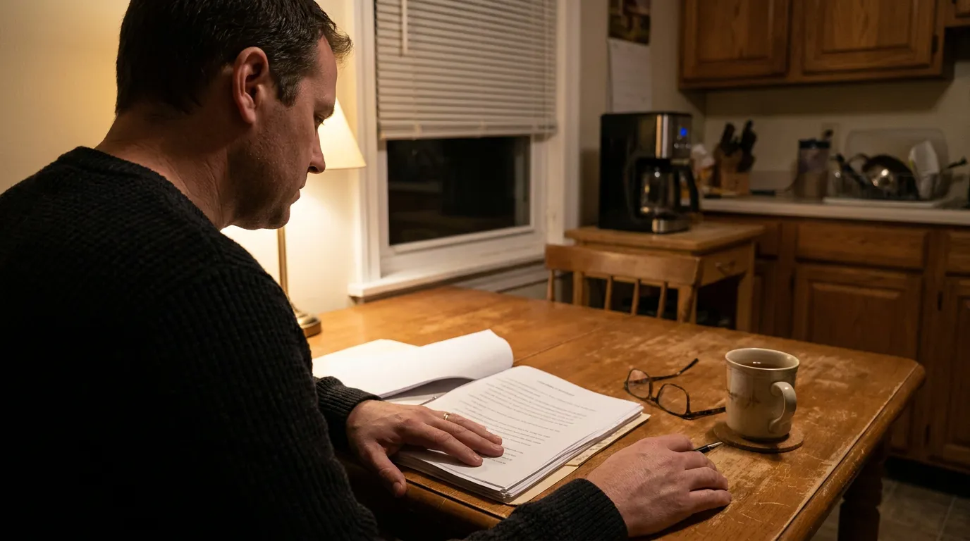 man reading printed documents at kitchen table with eyeglasses and mug nearby