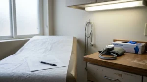 medical exam table with documents, blood pressure cuff, stethoscope, and nitrile exam gloves
