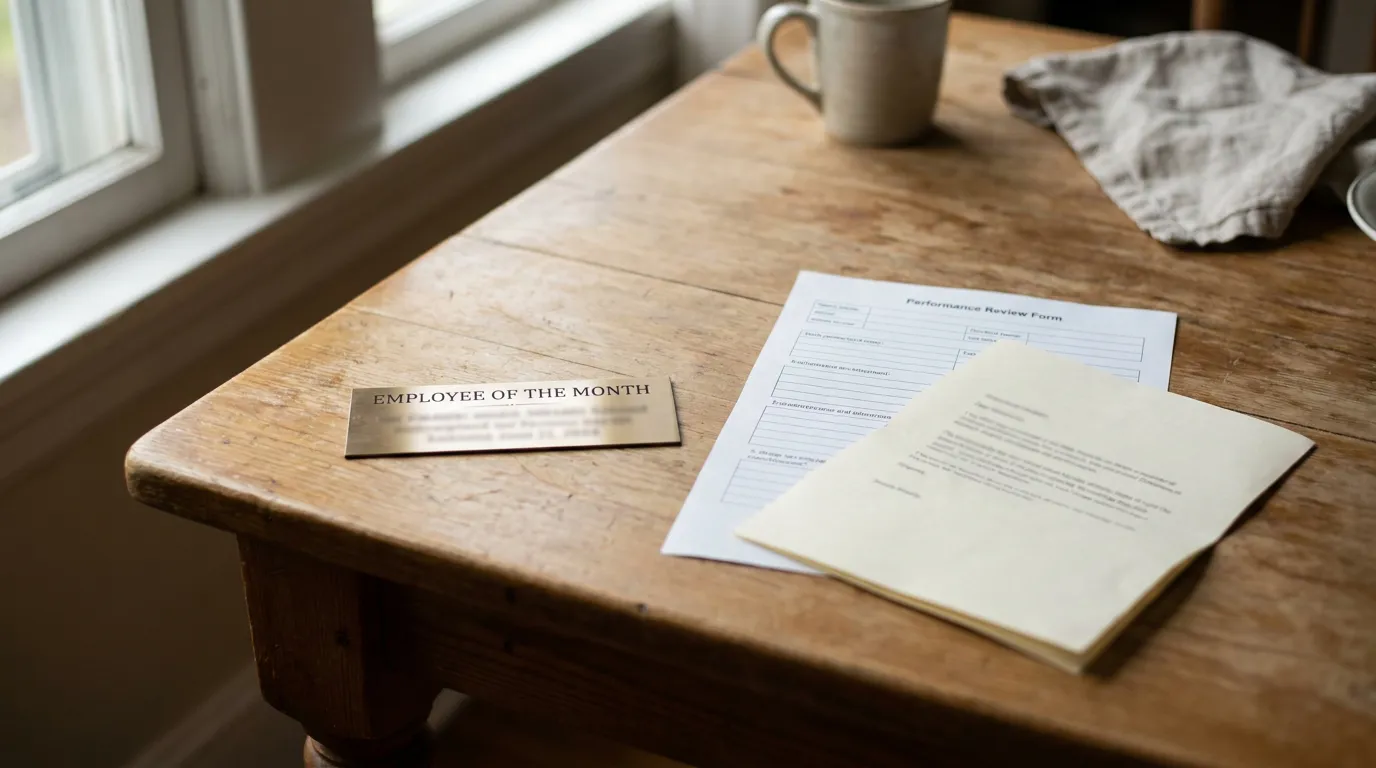 Employee of the Month plaque beside Performance Review Form on wooden desk