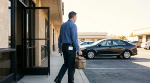 male worker with ID badge and bag walking toward commercial building entrance