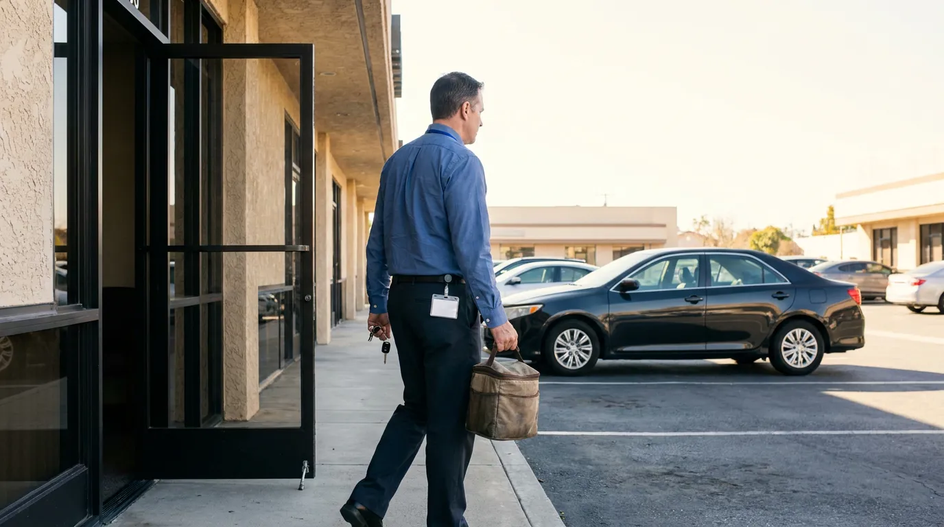 male worker with ID badge and bag walking toward commercial building entrance