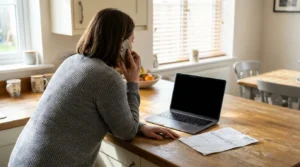 Woman on phone reviews printed document beside open laptop at kitchen counter