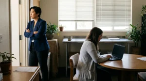 suited professional standing arms crossed while colleague works on laptop at office table